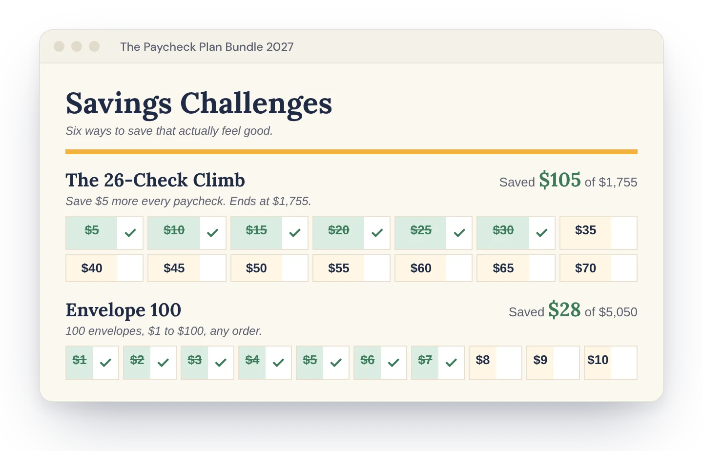 Savings Challenges tab with tap-to-check grids